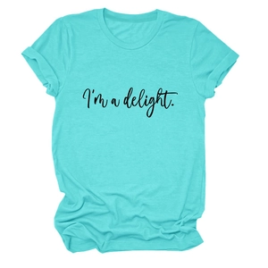 Detail of teal crew neck t-shirt featuring black I'm a delight printed typography
