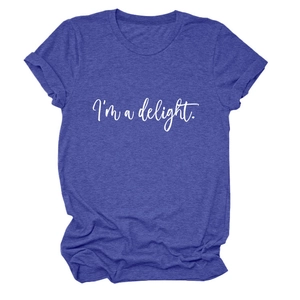 Close-up of violet blue t-shirt featuring I'm a delight white script print and rolled sleeves
