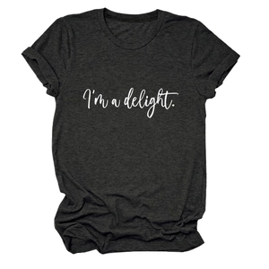 Detail view of charcoal grey crewneck t-shirt with white I'm a delight script printing