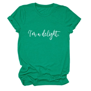 Detail of green crewneck T-shirt showing rolled cuffs and white I'm a delight script