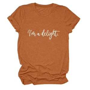 Detailed view of caramel round neck T-shirt with I'm a delight script and rolled sleeves