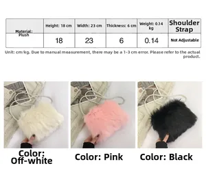 Tableau des tailles et vue multicouleur des sacs à bandoulière en peluche avec perles