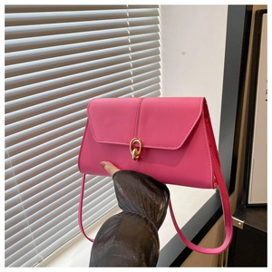 Close-up of fuchsia rectangle handbag featuring a sleek gold chain buckle and fine strap
