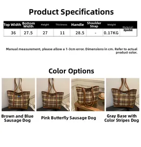 Size chart showing dimensions and weight for the dachshund pattern plaid tote bag