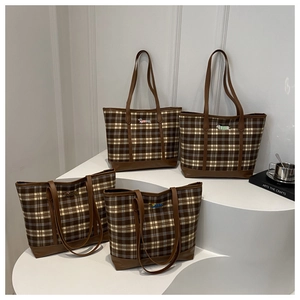French vintage plaid tote bag with cute dog embroidery and premium leather trim