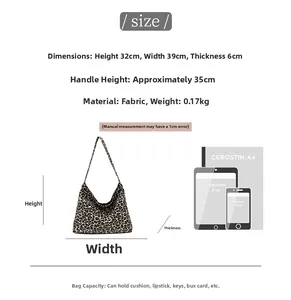 Detailed size chart for large leopard print tote bag with dimensions in centimeters