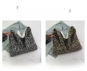 Side-by-side comparison of large leopard print tote bags in black-white and brown-yellow