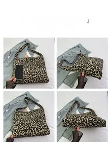 Detailed views of leopard print canvas tote bag showing front, bottom and side capacity