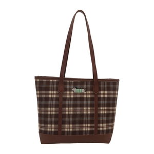 Brown plaid tote bag with dachshund embroidery and faux leather straps on white background