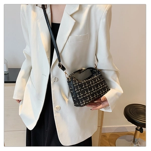 Classic black and white tweed crossbody bag with gold buckle on a white blazer model