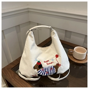White corduroy dachshund tote bag with Happy Summer embroidery and shoulder straps