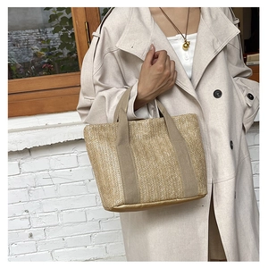 Straw Woven Tote Bag Summer Beach Handbag With Canvas Handle And Magnetic Buckle Large Capacity Casual Vacation