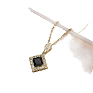 Elegant gold titanium necklace with a square black gemstone pendant and zircon halo