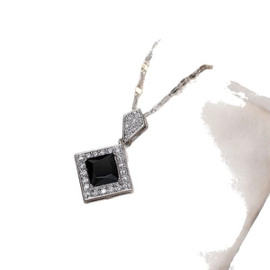 Square black zircon necklace with sparkling pavé border on silver-colored chain