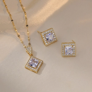 Geometric Square Halo Necklace And Stud Earrings Jewelry Stainless Steel Cubic Zirconia Minimalist Elegant Accessory For Women