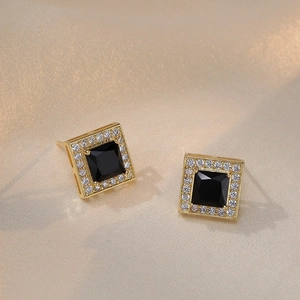 Elegant square halo stud earrings with black zircon center and sparkling white stones