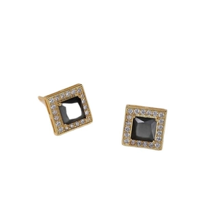 Minimalist square zircon stud earrings with black center stone and gold metal base