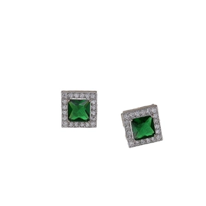 Elegant silver square earrings with emerald green zircon and micro-pave crystals