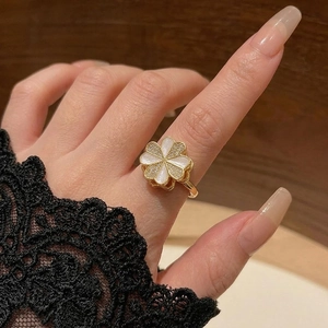 Rotating Four Leaf Clover Heart Zircon Open Adjustable Ring For Women Sweet White Enamel Gold Plated Fashion Jewelry