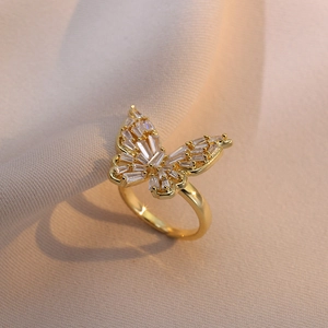 Butterfly Ring Zircon Inlaid Gold Plated Alloy Adjustable Open Size Elegant Sweet Niche Design Fashion Jewelry Women