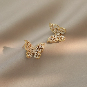 Elegant butterfly stud earrings with gold plating and square-cut cubic zirconia crystals