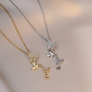 Collier Pendentif Papillon Femmes Acier Inoxydable Zircone Cubique Incrusté Style Coréen Tendance Bijoux Élégants