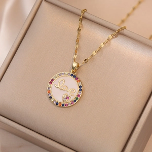 Collar Colgante Letra Love Acero Titanio Circón Colorido Esmalte Disco Redondo Corazón Joyería Para Mujer Regalo Moda