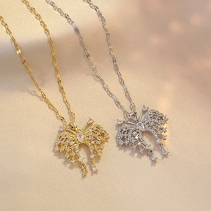 Butterfly Pendant Necklace Titanium Steel Cubic Zirconia Micro Pave Hollow Dainty Chain Aesthetic Jewelry For Women