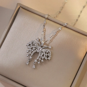 Elegant butterfly pendant necklace in silver with sparkling zircon stones in a gift box