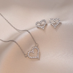 Hollow Heart Pendant Necklace And Earrings Titanium Steel Inlaid Zircon Silver Color Elegant Jewelry For Women