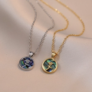 Collier Pendentif Fleur De Rose Acier Inoxydable Avec Incrustation De Nacre Abalone Rond Style Rétro Élégant Femmes