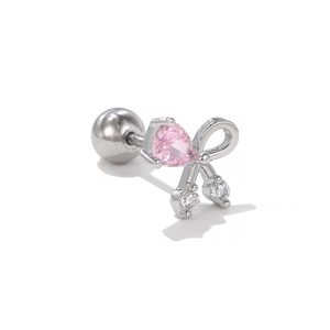 Orecchino a fiocco in argento con zircone rosa a cuore e chiusura a vite sferica