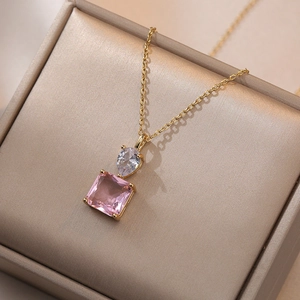 Square Pink Gemstone Necklace Titanium Steel Pear Shaped Zircon Pendant Elegant Light Luxury Jewelry For Women