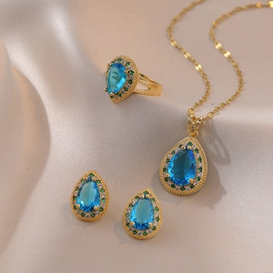 Collier Boucles D'oreilles Bague Zircon Bleu Goutte D'eau Luxe Vintage Géométrique Bijoux Femmes Acier Inoxydable Plaque Or