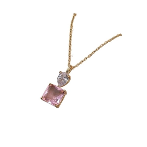 Elegant gold necklace with vertical water drop zircon and square pink gemstone pendant