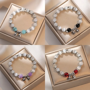Cat's Eye Stone Beaded Bracelet With Silver Plated Bell Pendant Fresh Sweet Style Handmade Jewelry For Women Daily Decoration Elegant Charm