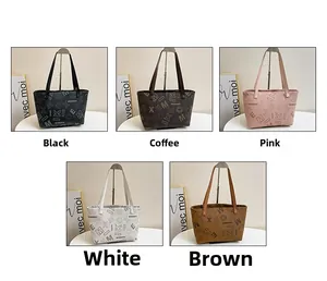 Collage of large tote bags in black, coffee, pink, white, and brown with letter patterns