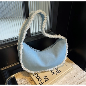 Sac Bandoulière Croissant Denim Toile Blanc Franges Rétro Chic Décontracté Sac À Main Femme