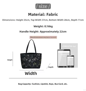 Size chart showing dimensions and capacity of the jacquard butterfly print tote bag