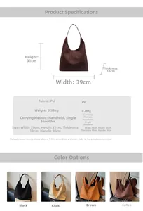 Detailed size chart and color options for large capacity PU leather tote bag with dimensions