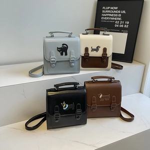 Women PU Leather Small Backpack Cute Dog Cat Embroidery Patch Vintage Square Handbag School Shoulder Bag Casual Daypack