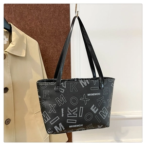 Women Tote Bag PU Leather Letter Print Large Capacity Fashion Commuter Shoulder Handbag Retro Style Zipper Closure