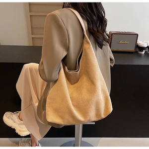 Minimalist khaki suede tote bag for women showing a spacious casual shoulder design