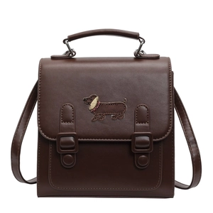 Brown vintage faux leather backpack with dachshund embroidery and adjustable straps