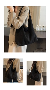 Three lifestyle shots showing a large black suede tote bag in a cozy cafe setting