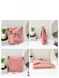 Detailed four-angle views of a pink canvas tote bag with cat graphics and nylon straps