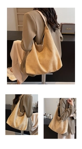 Detailed views of a large camel suede hobo bag showing its soft texture and slouchy shape
