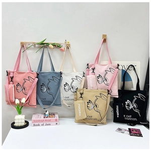 Canvas Tote Bag And Mini Pouch Large Capacity Cat Butterfly Illustration Casual Shoulder Handbag For Women Student