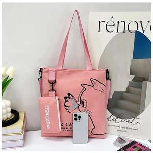 Pink canvas tote bag featuring cat art illustration with matching small zipper pouch