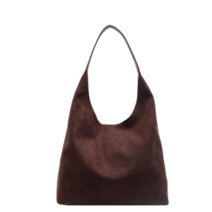 Minimalist dark brown suede hobo bag with large capacity and sleek shoulder strap
